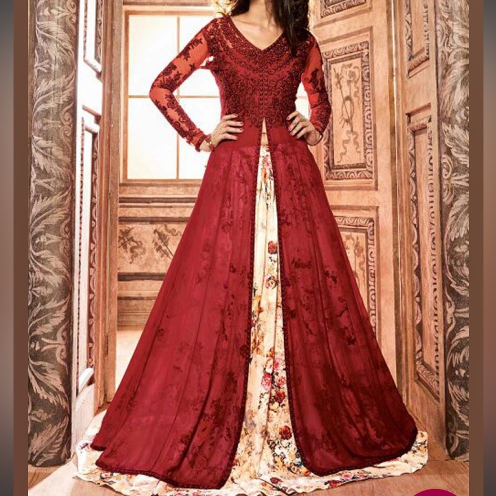 Red net anarkali lehenga ustav